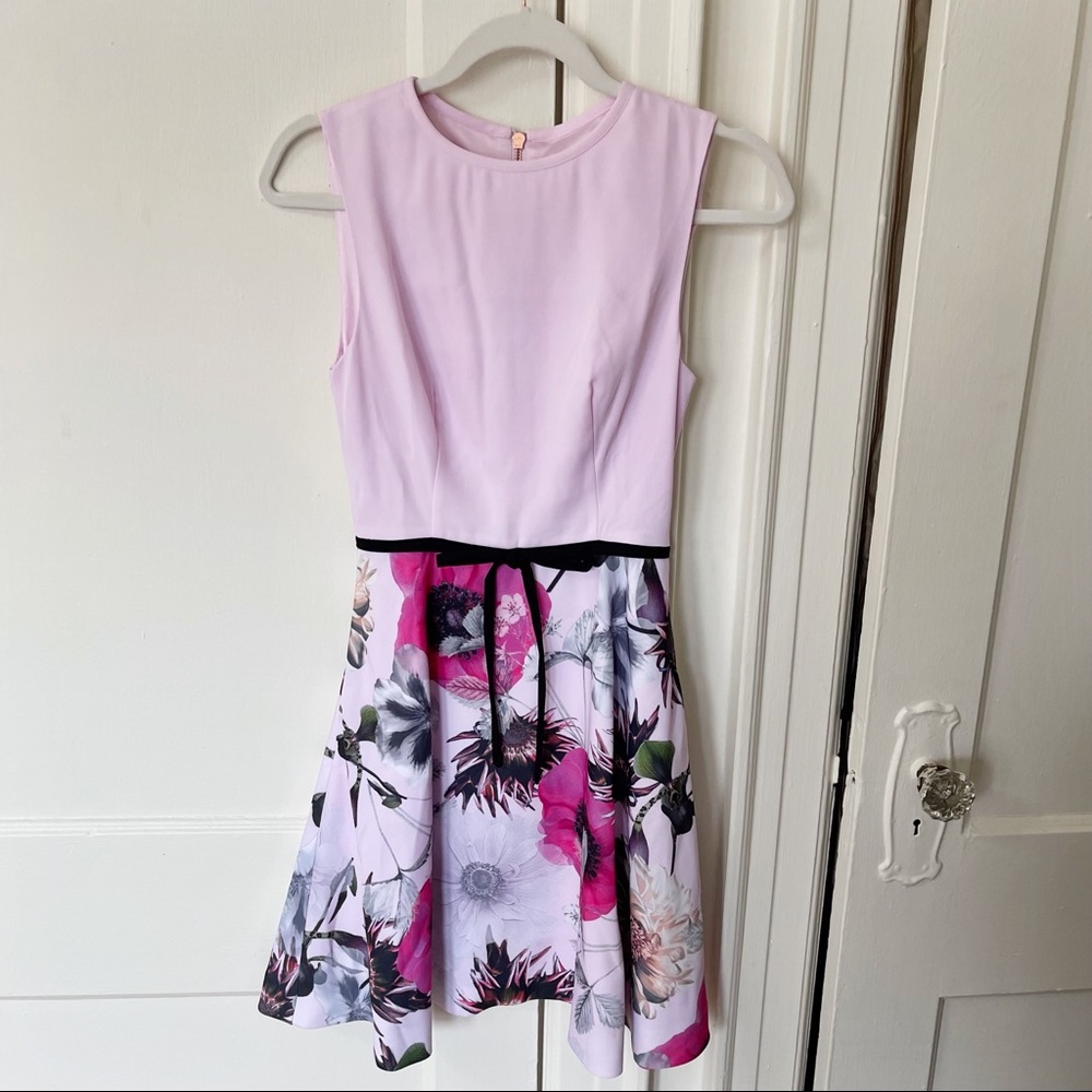 Ted Baker Pink Floral Print Bow-tie Dress - Size: 0